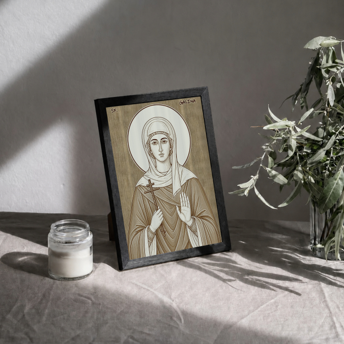 Icoana Sfanta Mucenita Galina - icoana pirogravata pe lemn de plop cu rama neagra [3]