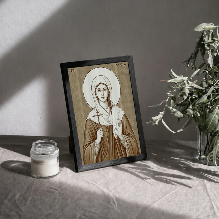 Icoana Sfanta Mucenita Larisa - icoana pirogravata pe lemn de plop cu rama neagra [3]