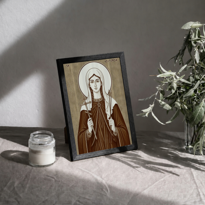 Icoana Sfanta Mucenita Victoria - icoana pirogravata pe lemn de plop cu rama neagra [3]