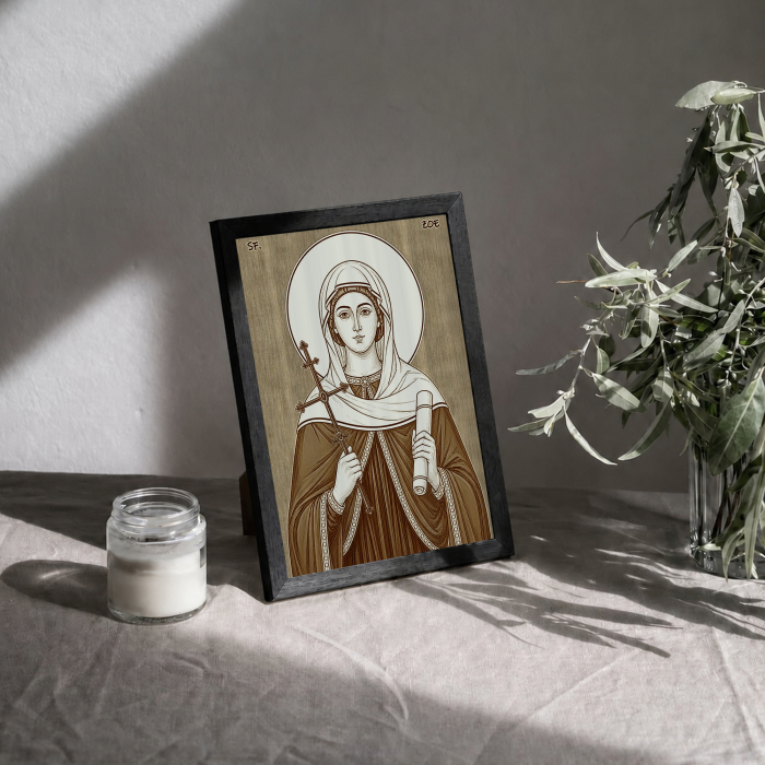 Icoana Sfanta Mucenita Zoe - icoana pirogravata pe lemn de plop cu rama neagra [3]