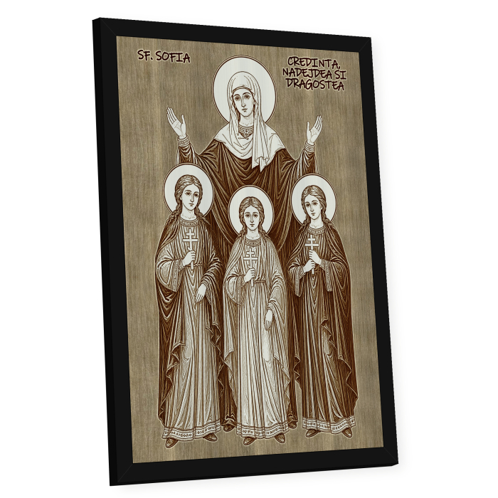 Icoana Sfanta Sofia si fiicele sale: Credinta, Nadejdea si Dragostea - icoana pirogravata pe lemn de plop cu rama neagra [2]