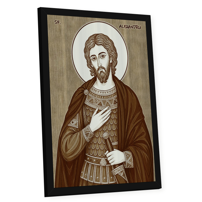 Icoana Sfantul Alexandru - icoana pirogravata pe lemn de plop cu rama neagra [2]