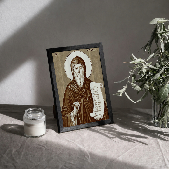 Icoana Sfantul Antonie cel Mare - icoana pirogravata pe lemn de plop cu rama neagra [3]