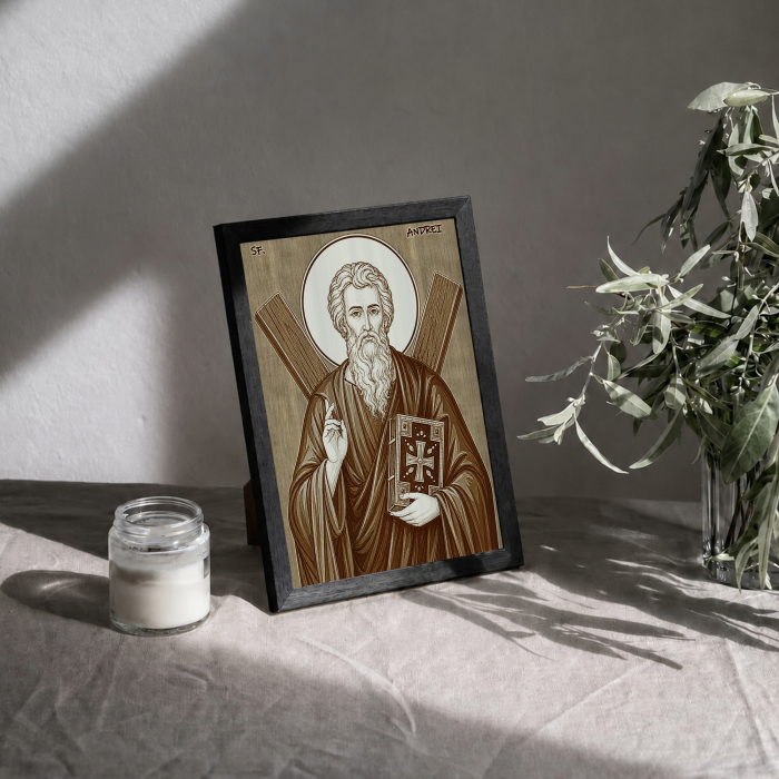 Icoana Sfantul Apostol Andrei - icoana pirogravata pe lemn de plop cu rama neagra [3]