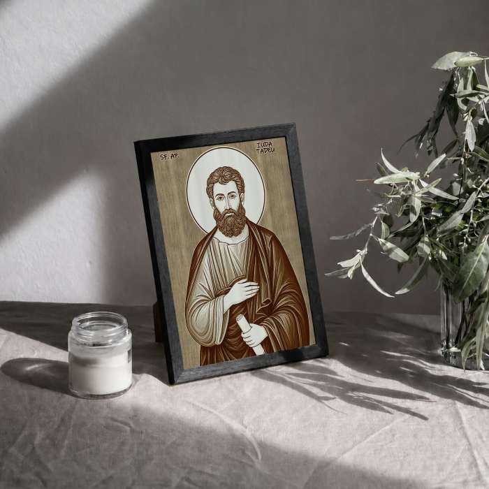 Icoana Sfantul Apostol Iuda Tadeu - icoana pirogravata pe lemn de plop cu rama neagra [3]