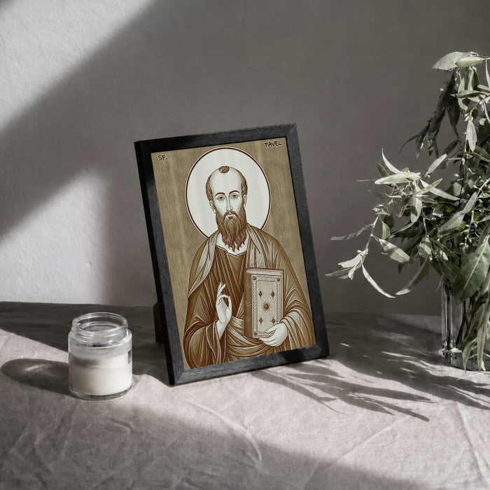 Icoana Sfantul Apostol Pavel - icoana pirogravata pe lemn de plop cu rama neagra [3]