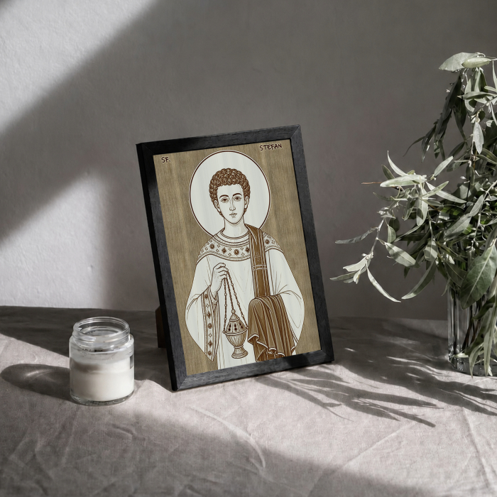 Icoana Sfantul Apostol si Arhidiacon Stefan, Intaiul Mucenic - icoana pirogravata pe lemn de plop cu rama neagra [3]