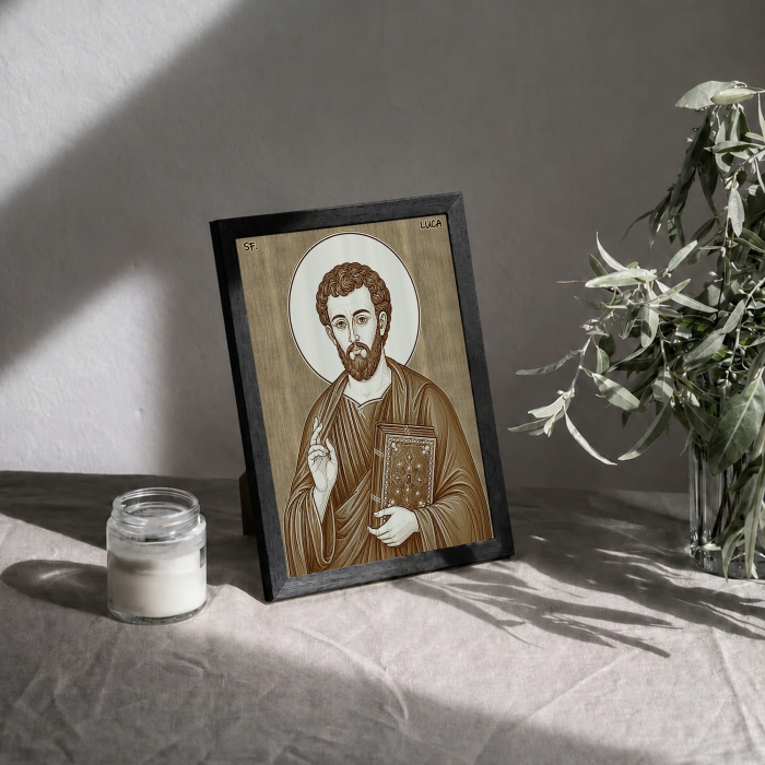 Icoana Sfantul Apostol si Evanghelist Luca - icoana pirogravata pe lemn de plop cu rama neagra [3]