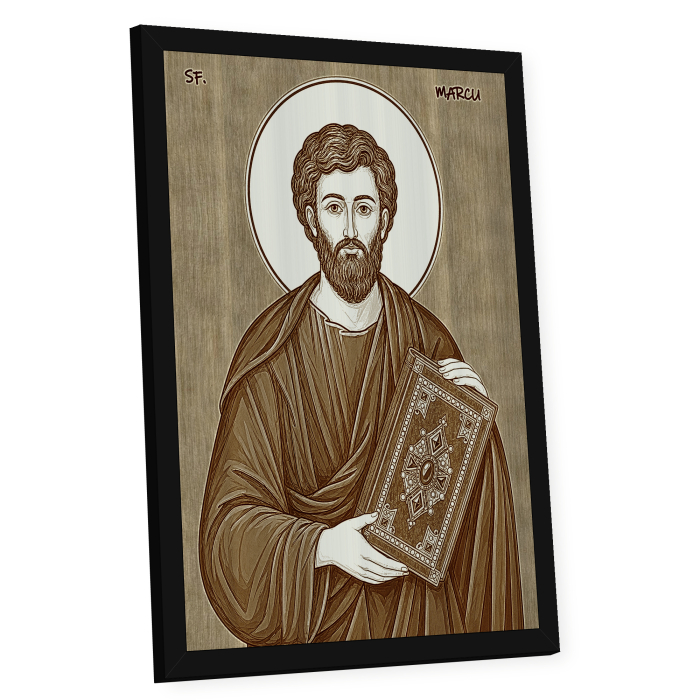 Icoana Sfantul Apostol si Evanghelist Marcu - icoana pirogravata pe lemn de plop cu rama neagra [2]