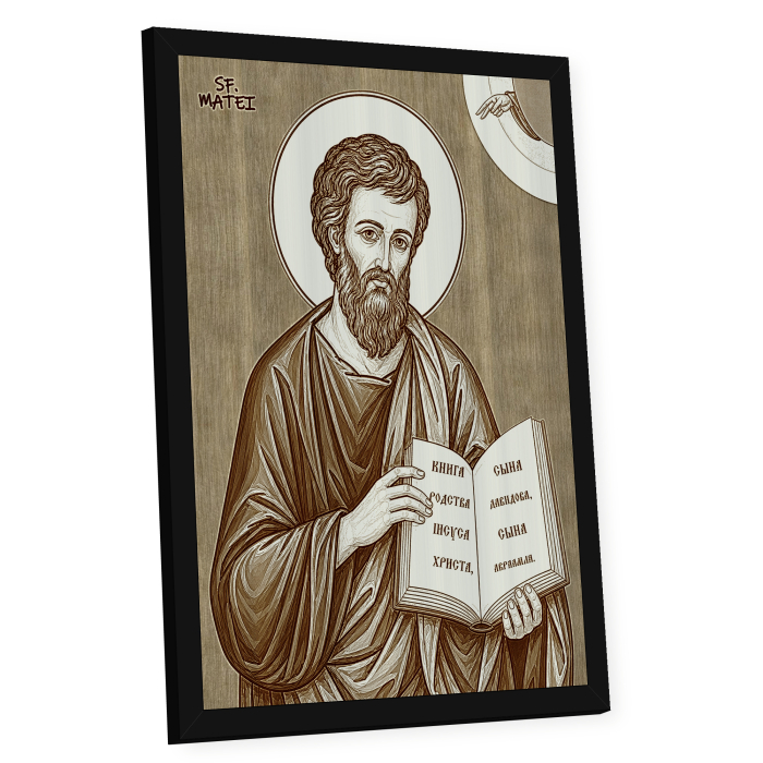 Icoana Sfantul Apostol si Evanghelist Matei - icoana pirogravata pe lemn de plop cu rama neagra [2]