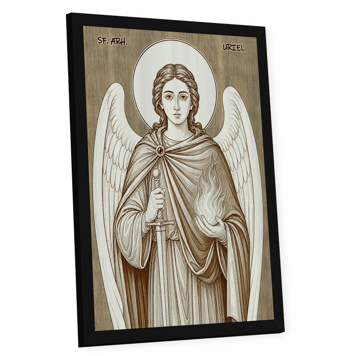 Icoana Sfantul Arhanghel Uriel - icoana pirogravata pe lemn de plop cu rama neagra [2]