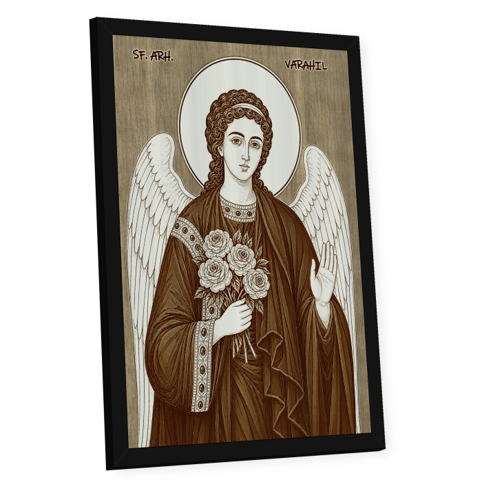 Icoana Sfantul Arhanghel Varahil - icoana pirogravata pe lemn de plop cu rama neagra [2]