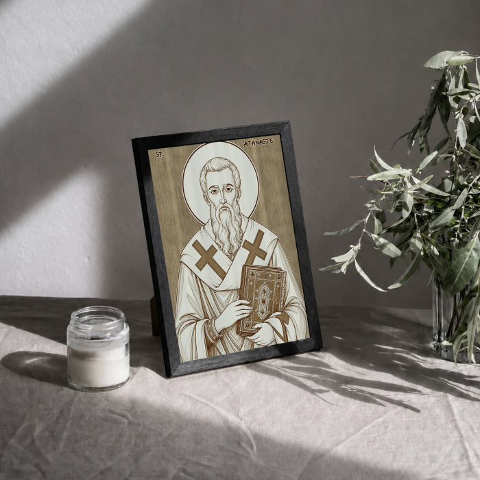 Icoana Sfantul Atanasie cel Mare - icoana pirogravata pe lemn de plop cu rama neagra [3]