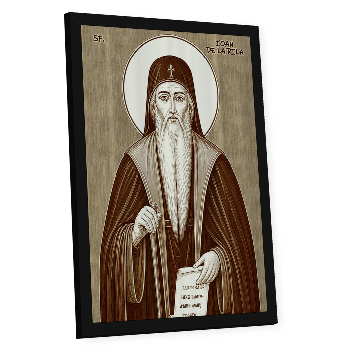 Icoana Sfantul Cuvios Ioan de la Rila - icoana pirogravata pe lemn de plop cu rama neagra [2]