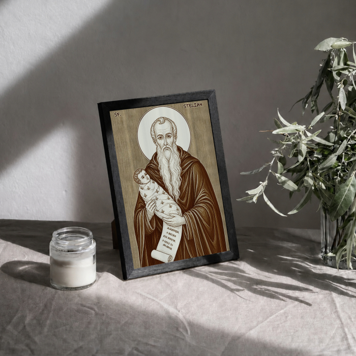 Icoana Sfantul Cuvios Stelian Paflagonul, ocrotitorul copiilor - icoana pirogravata pe lemn de plop cu rama neagra [3]