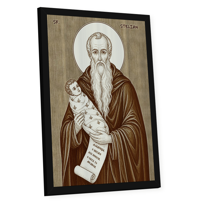 Icoana Sfantul Cuvios Stelian Paflagonul, ocrotitorul copiilor - icoana pirogravata pe lemn de plop cu rama neagra [2]