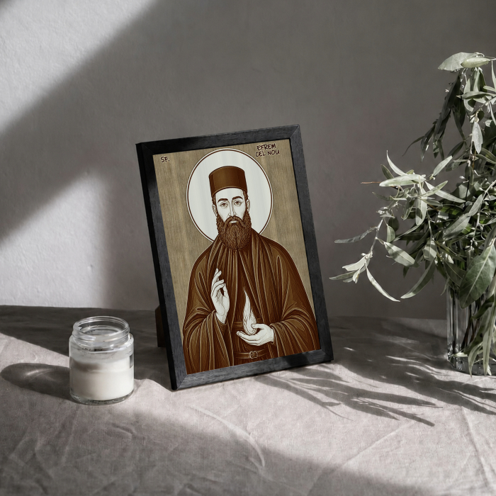 Icoana Sfantul Efrem cel Nou - icoana pirogravata pe lemn de plop cu rama neagra [3]