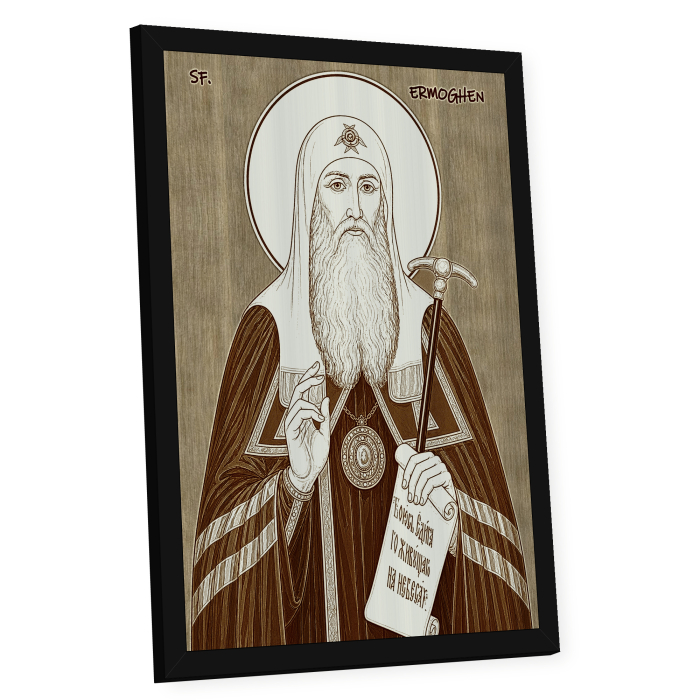 Icoana Sfantul Ermoghen, Patriarhul Moscovei - icoana pirogravata pe lemn de plop cu rama neagra [2]