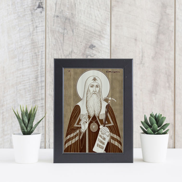 Icoana Sfantul Ermoghen, Patriarhul Moscovei - icoana pirogravata pe lemn de plop cu rama neagra [4]