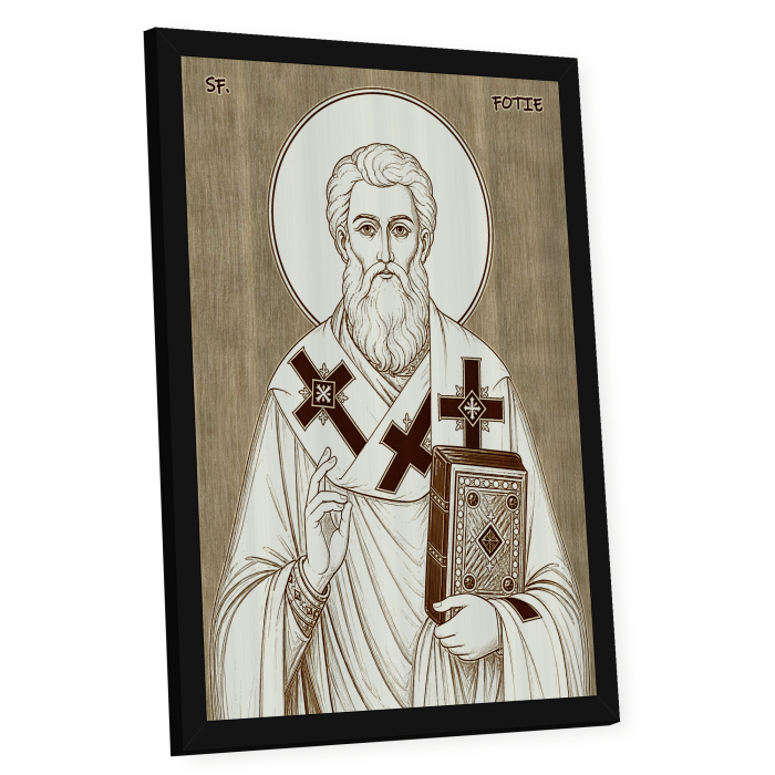 Icoana Sfantul Fotie cel Mare, Patriarhul Constantinopolului - icoana pirogravata pe lemn de plop cu rama neagra [2]