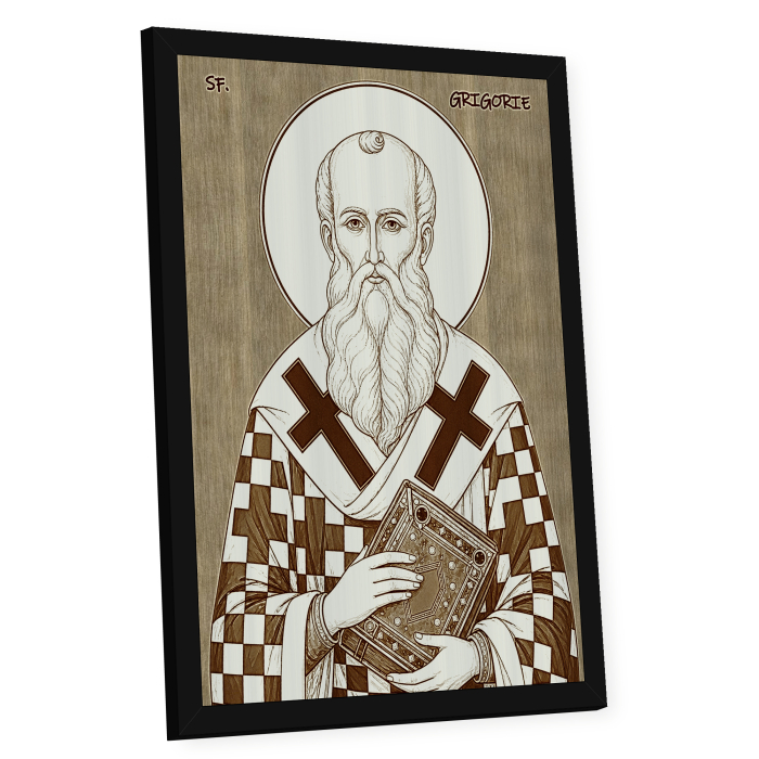 Icoana Sfantul Grigorie Teologul - icoana pirogravata pe lemn de plop cu rama neagra [2]