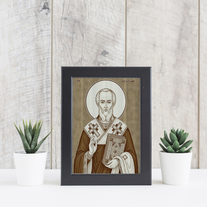 Icoana Sfantul Ierarh Nicolae, Arhiepiscopul Mirelor Lichiei - icoana pirogravata pe lemn de plop cu rama neagra [4]