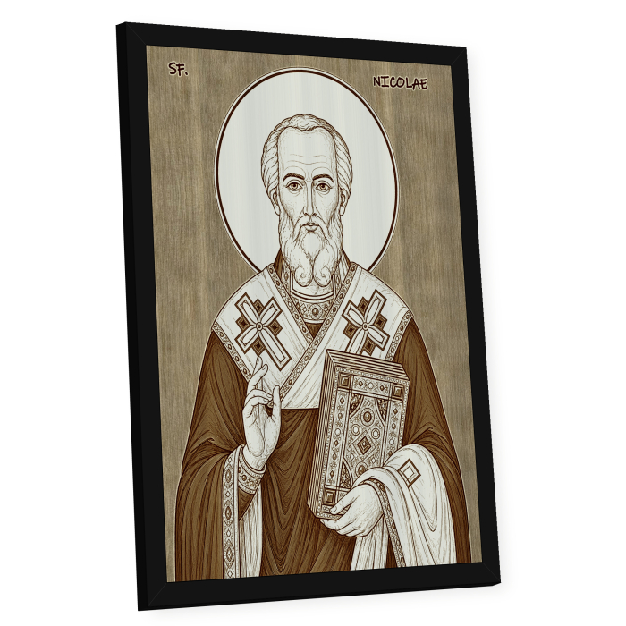 Icoana Sfantul Ierarh Nicolae, Arhiepiscopul Mirelor Lichiei - icoana pirogravata pe lemn de plop cu rama neagra [2]