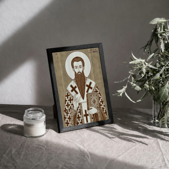 Icoana Sfantul Ierarh Vasile cel Mare - icoana pirogravata pe lemn de plop cu rama neagra [3]