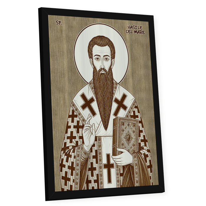 Icoana Sfantul Ierarh Vasile cel Mare - icoana pirogravata pe lemn de plop cu rama neagra [2]