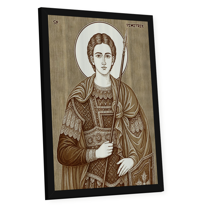 Icoana Sfantul Mare Mucenic Dimitrie, Izvoratorul de Mir - icoana pirogravata pe lemn de plop cu rama neagra [2]