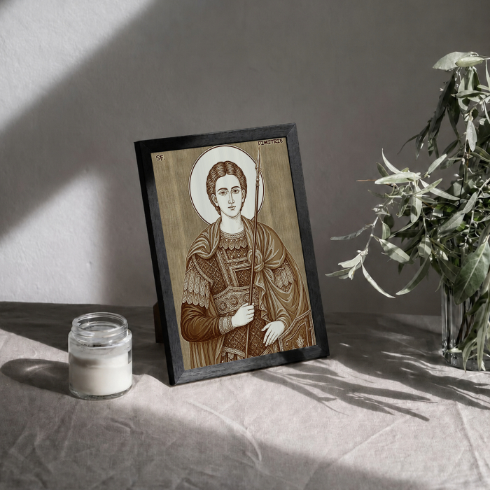 Icoana Sfantul Mare Mucenic Dimitrie, Izvoratorul de Mir - icoana pirogravata pe lemn de plop cu rama neagra [3]