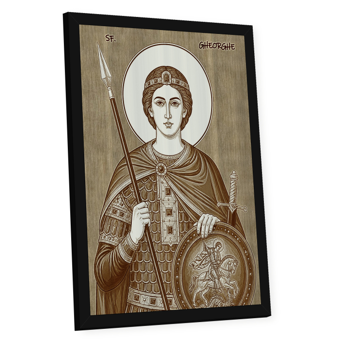 Icoana Sfantul Mare Mucenic Gheorghe, Purtatorul de Biruinta - icoana pirogravata pe lemn de plop cu rama neagra [2]