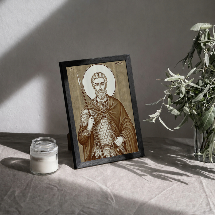 Icoana Sfantul Mare Mucenic Mina - icoana pirogravata pe lemn de plop cu rama neagra [3]