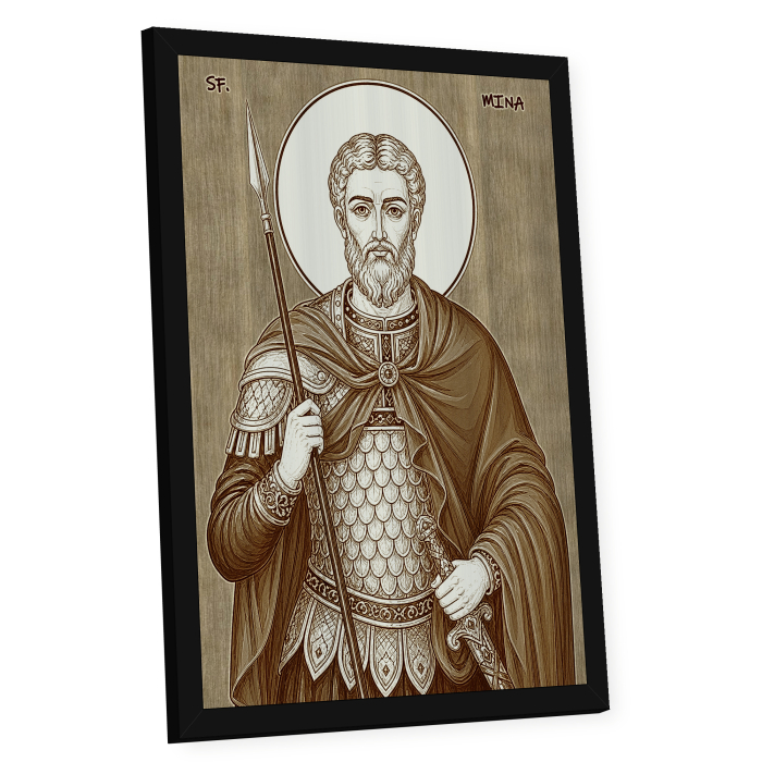 Icoana Sfantul Mare Mucenic Mina - icoana pirogravata pe lemn de plop cu rama neagra [2]