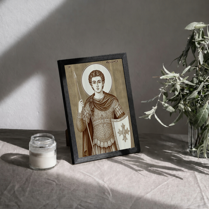 Icoana Sfantul Mare Mucenic Procopie - icoana pirogravata pe lemn de plop cu rama neagra [3]
