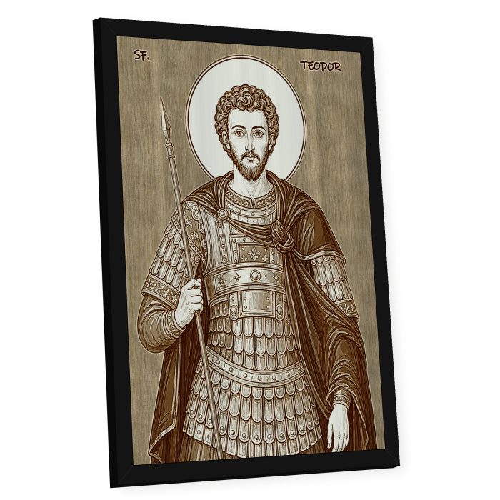 Icoana Sfantul Mare Mucenic Teodor Stratilat - icoana pirogravata pe lemn de plop cu rama neagra [2]