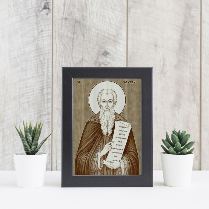 Icoana Sfantul Martin, Episcopul Romei - icoana pirogravata pe lemn de plop cu rama neagra [4]