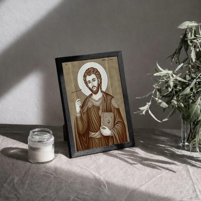 Icoana Sfantul Mucenic Emilian de la Durostor - icoana pirogravata pe lemn de plop cu rama neagra [3]