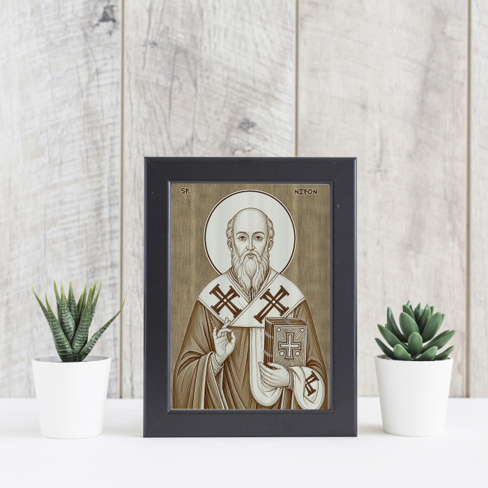 Icoana Sfantul Nifon, Patriarhul Constantinopolului - icoana pirogravata pe lemn de plop cu rama neagra [4]