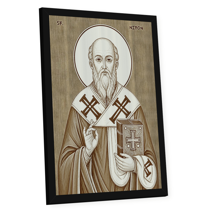 Icoana Sfantul Nifon, Patriarhul Constantinopolului - icoana pirogravata pe lemn de plop cu rama neagra [2]