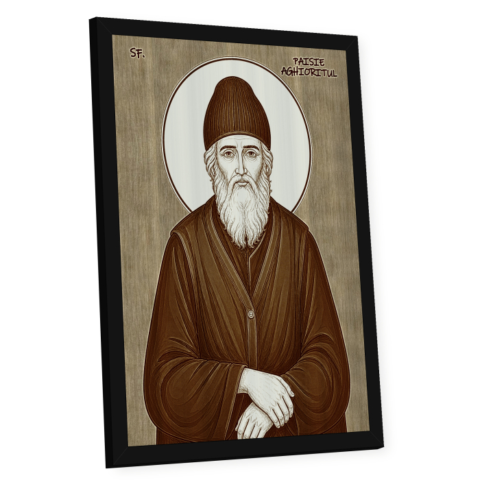 Icoana Sfantul Paisie Aghioritul - icoana pirogravata pe lemn de plop cu rama neagra [2]