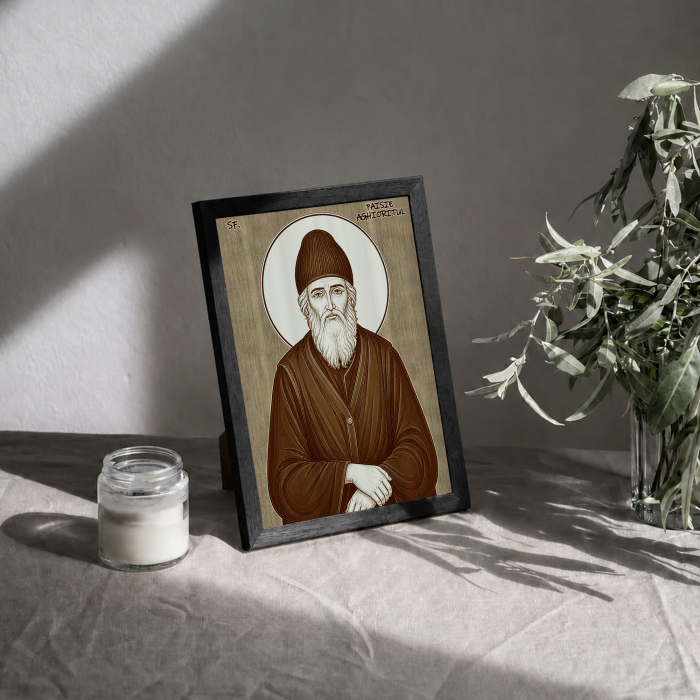 Icoana Sfantul Paisie Aghioritul - icoana pirogravata pe lemn de plop cu rama neagra [3]