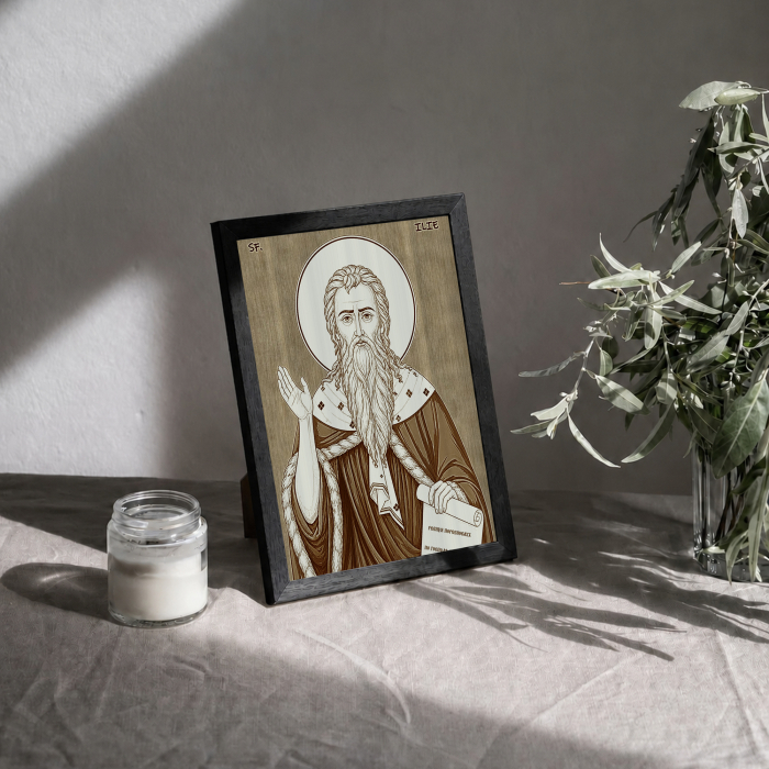 Icoana Sfantul Proroc Ilie Tesviteanul - icoana pirogravata pe lemn de plop cu rama neagra [3]
