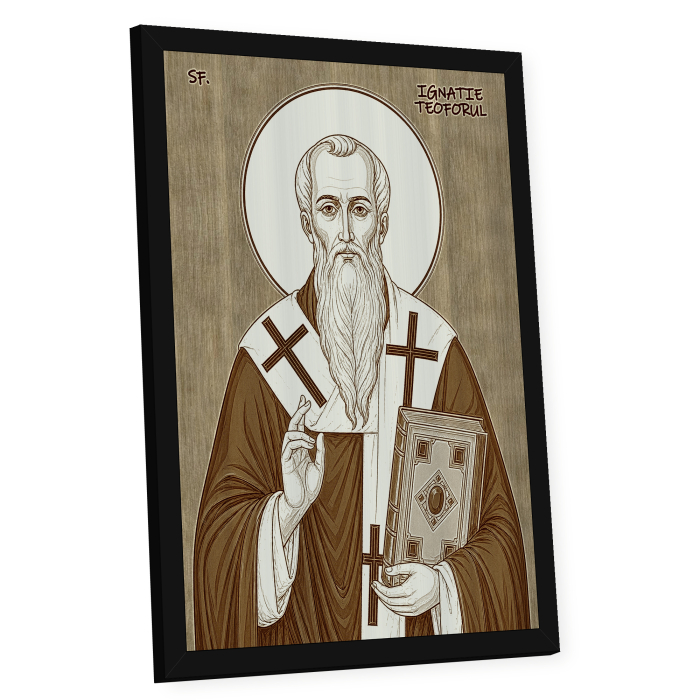 Icoana Sfantul Sfintit Mucenic Ignatie Teoforul - icoana pirogravata pe lemn de plop cu rama neagra [2]