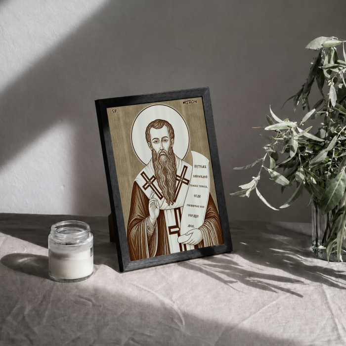 Icoana Sfantul Sfintit Mucenic Miron - icoana pirogravata pe lemn de plop cu rama neagra [3]