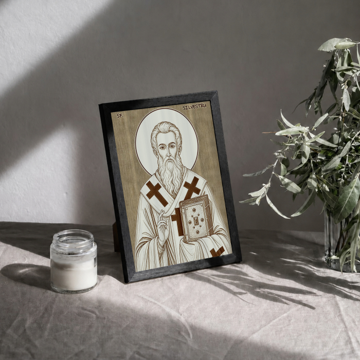 Icoana Sfantul Silvestru, Episcopul Romei - icoana pirogravata pe lemn de plop cu rama neagra [3]