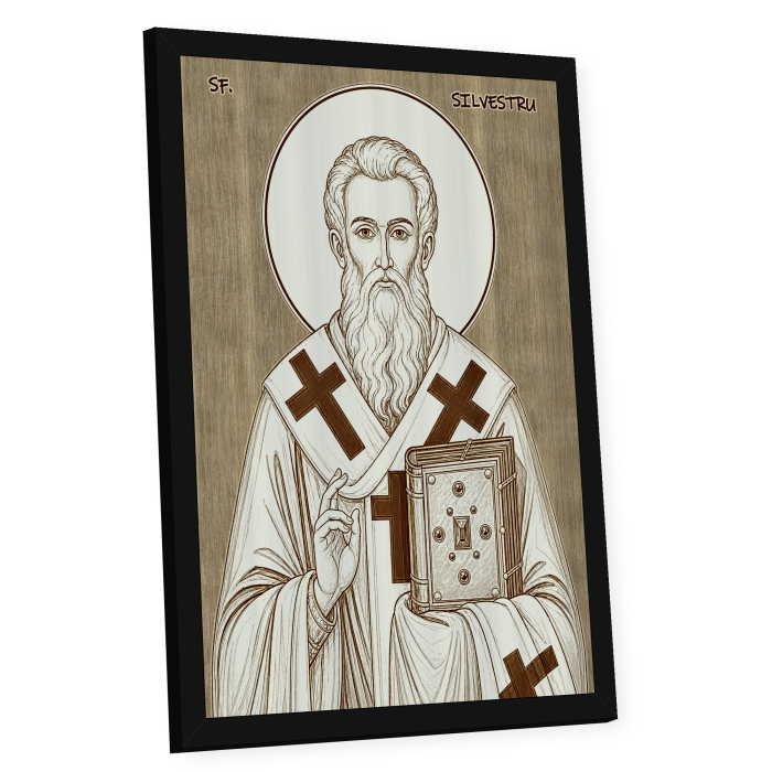 Icoana Sfantul Silvestru, Episcopul Romei - icoana pirogravata pe lemn de plop cu rama neagra [2]