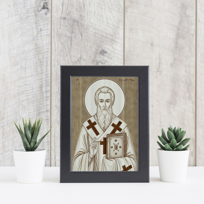 Icoana Sfantul Silvestru, Episcopul Romei - icoana pirogravata pe lemn de plop cu rama neagra [4]
