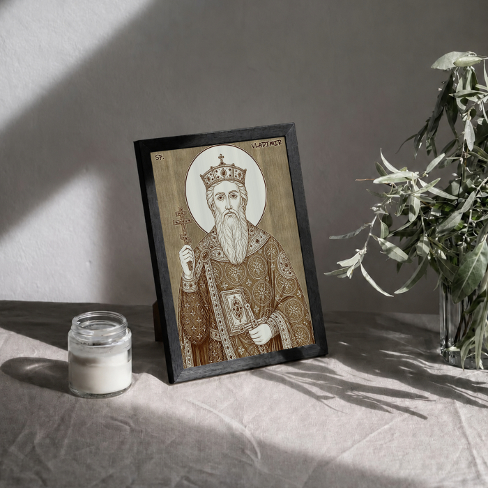 Icoana Sfantul Voievod Vladimir, luminatorul Rusiei - icoana pirogravata pe lemn de plop cu rama neagra [3]