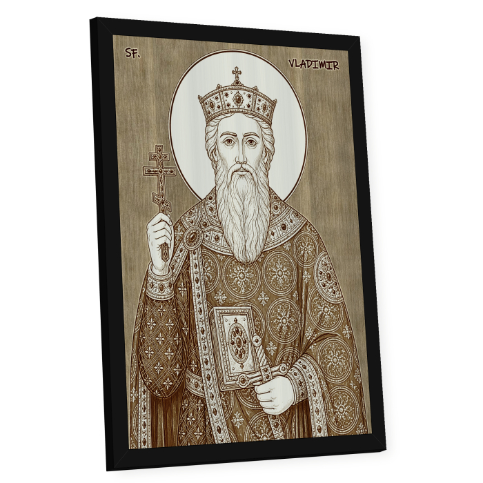 Icoana Sfantul Voievod Vladimir, luminatorul Rusiei - icoana pirogravata pe lemn de plop cu rama neagra [2]